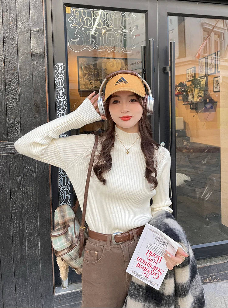 Autumn Winter Sweater Women  Pullovers Long Sleeve Tops Clothes Slim Knit Soft Jumper Streetwear Button Turtleneck Sweater