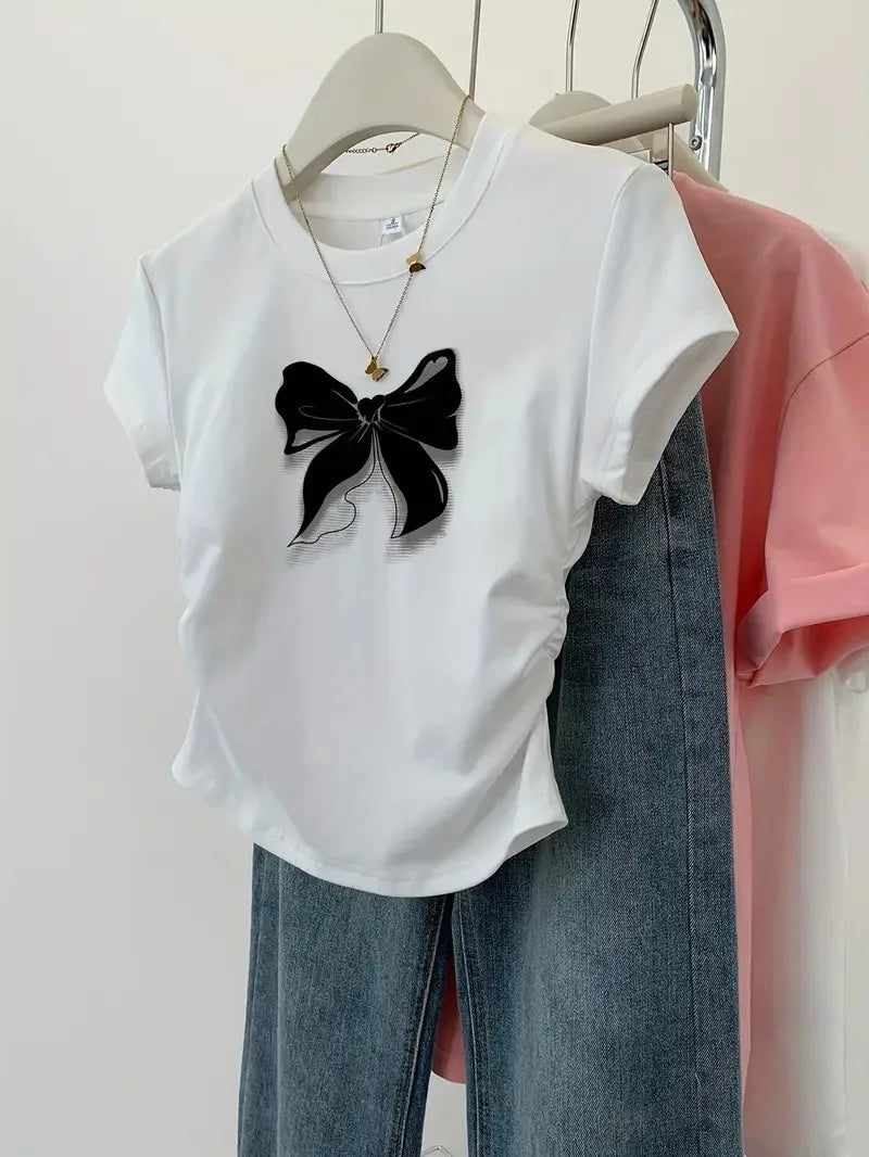 Slim T-shirts Trendy Vintage Butterfly Print Shirt Short Sleeve O Neck Top 2025 Summer New Streetwear Women's Casual Clothes