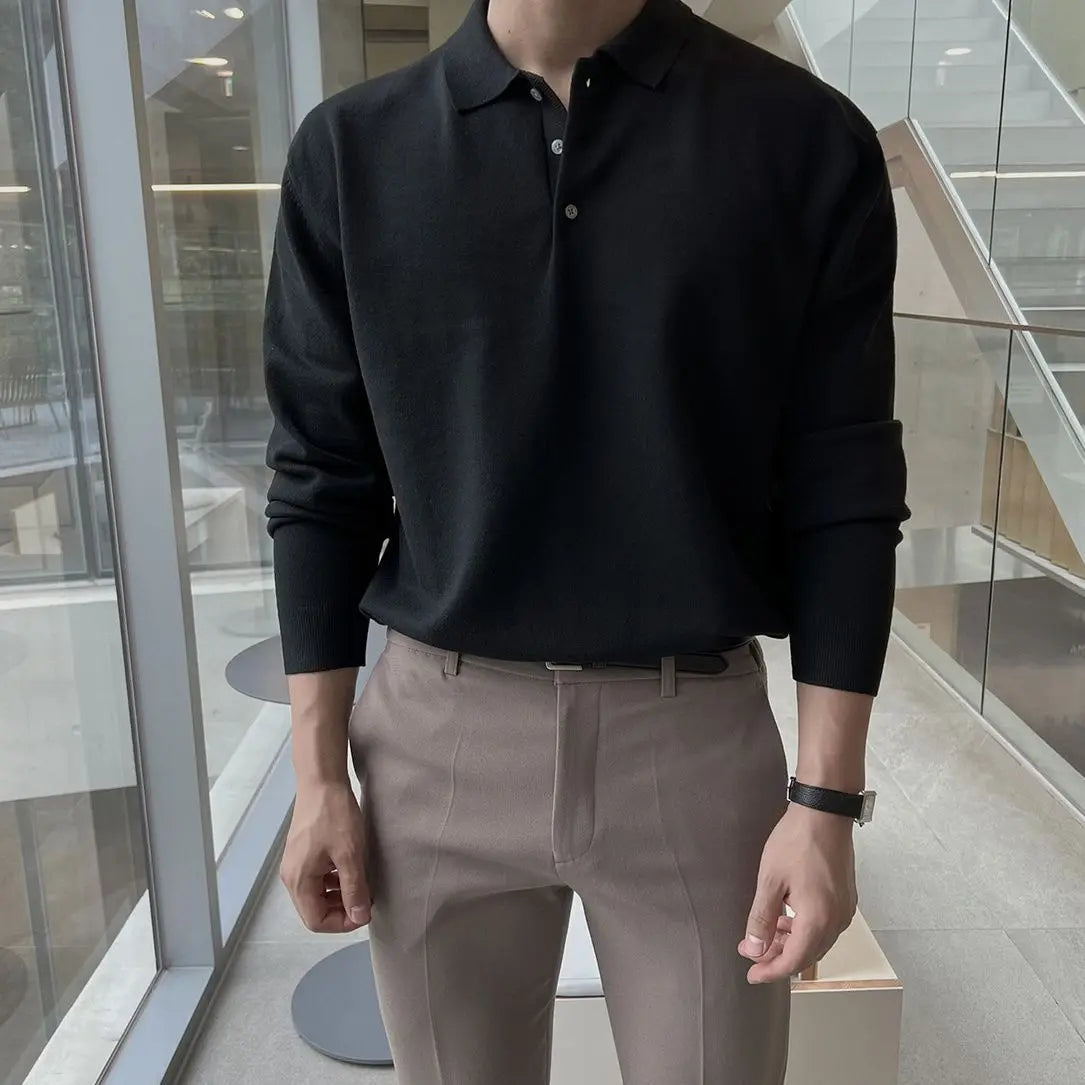 Spring Autumn New Fashion Turn-down Collar Long Sleeve Solid T-Shirts Men's Clothing Button All-match Bottoming Shirt Trend Tops