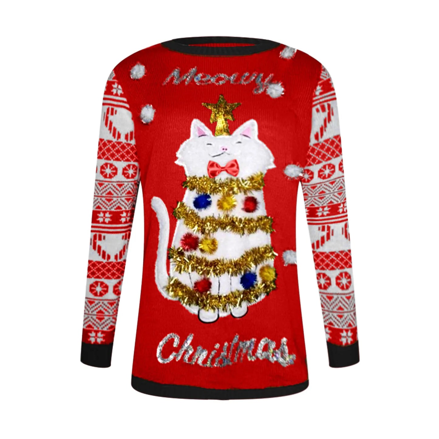 Sweater Women Christmas 2025 Ugly Sweater New Cartoon Cat Print O-Neck Autumn Winter Thick Loose Knitwears Tops Xmas Pullover