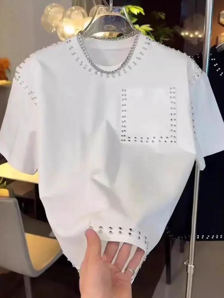 American Trend T-shirt Men's Short-sleeved Summer Fashion Heavy Industry Rivet Round Neck Youth Casual Handsome Versatile Top