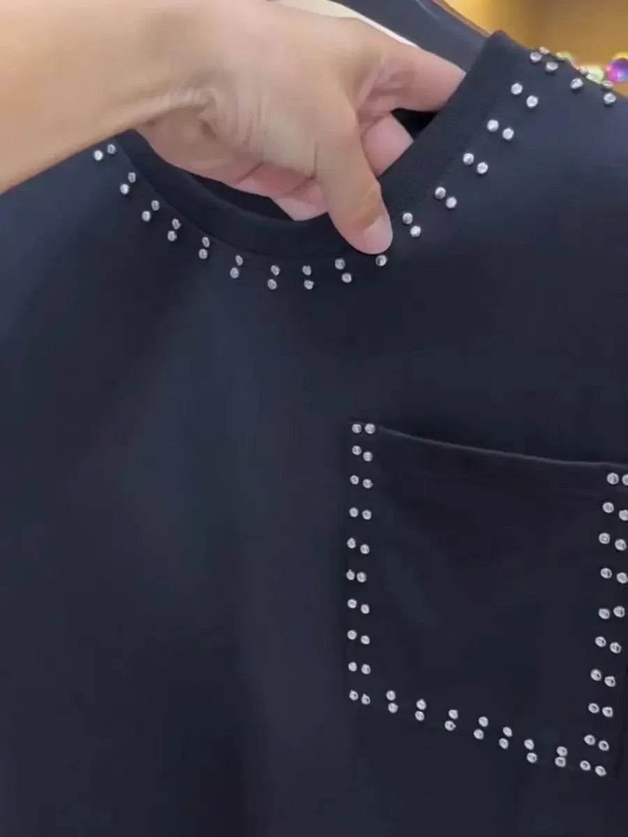 American Trend T-shirt Men's Short-sleeved Summer Fashion Heavy Industry Rivet Round Neck Youth Casual Handsome Versatile Top