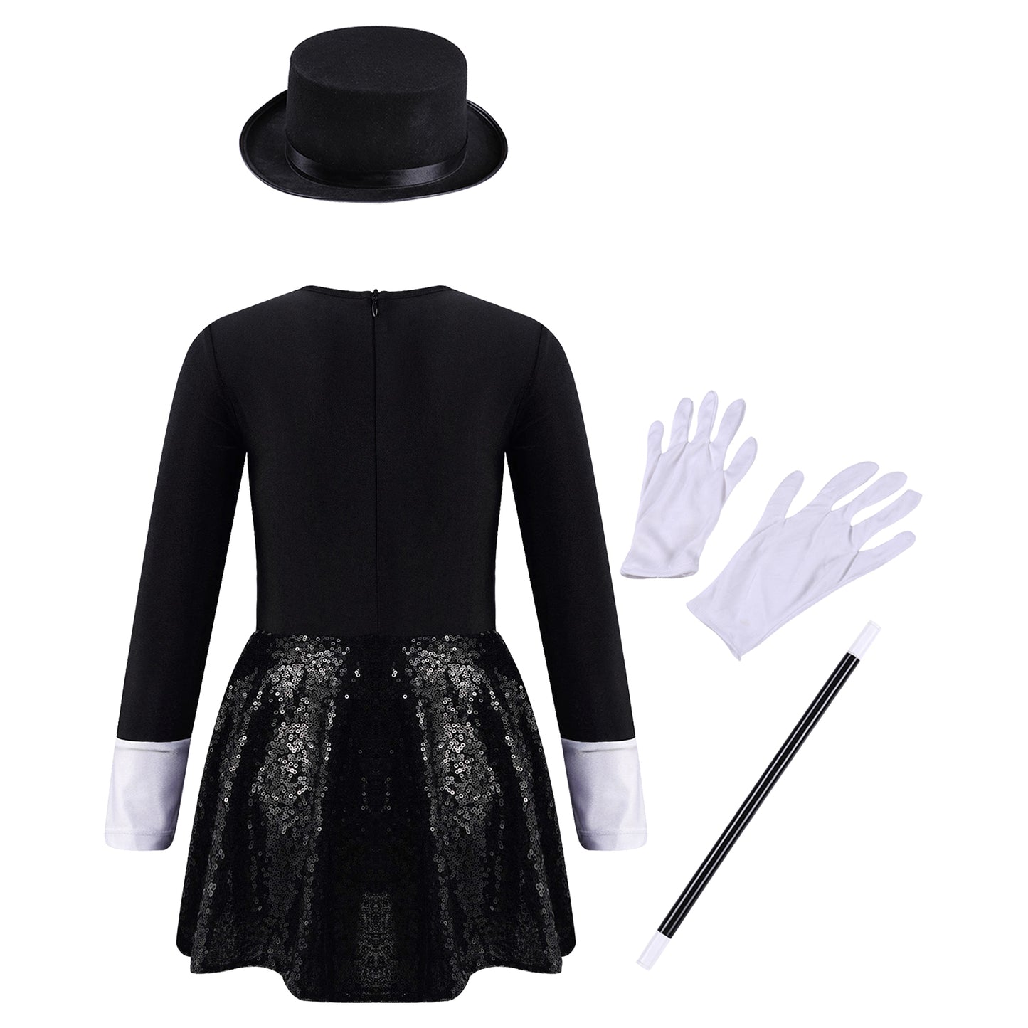 Girls Circus Magician Costume Halloween Party Cosplay Magic Show Dress Up Shiny Sequin Leotard Dress with Hat Magic Wand Gloves