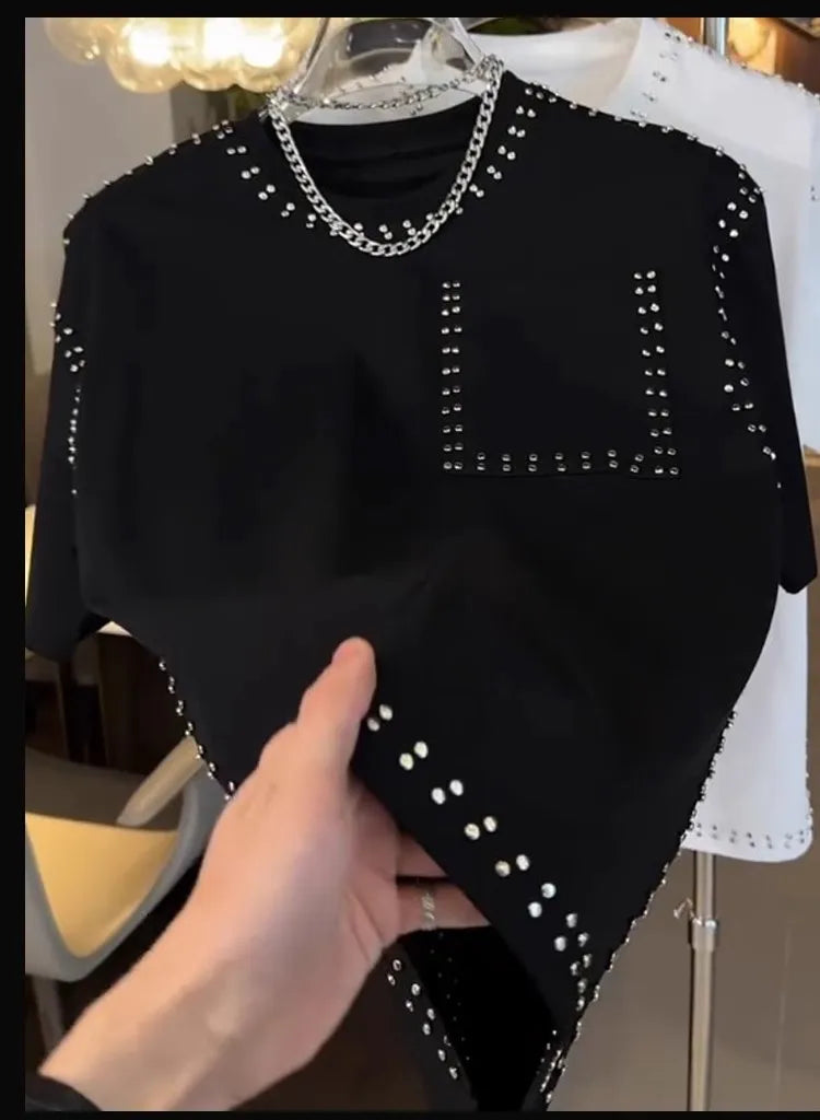 American Trend T-shirt Men's Short-sleeved Summer Fashion Heavy Industry Rivet Round Neck Youth Casual Handsome Versatile Top