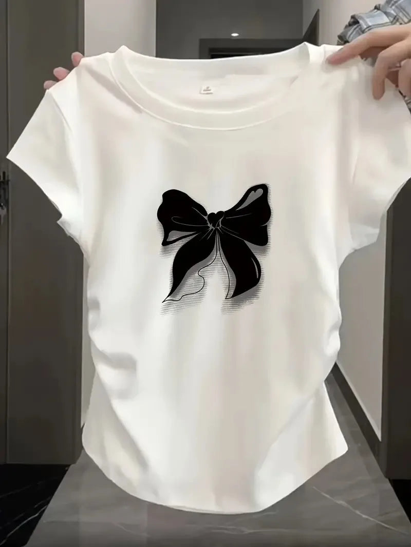 Slim T-shirts Trendy Vintage Butterfly Print Shirt Short Sleeve O Neck Top 2025 Summer New Streetwear Women's Casual Clothes