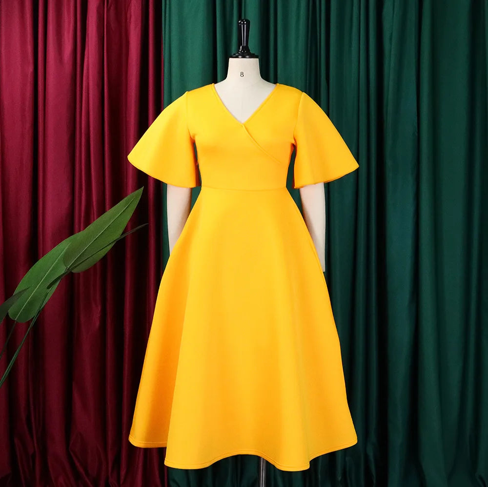 Elegant Party Dresses for Women V Neck Ruffles Sleeve High Waisted Pleated Mid Calf Luxury Birthday Dinner Vestidos Mujer Dress