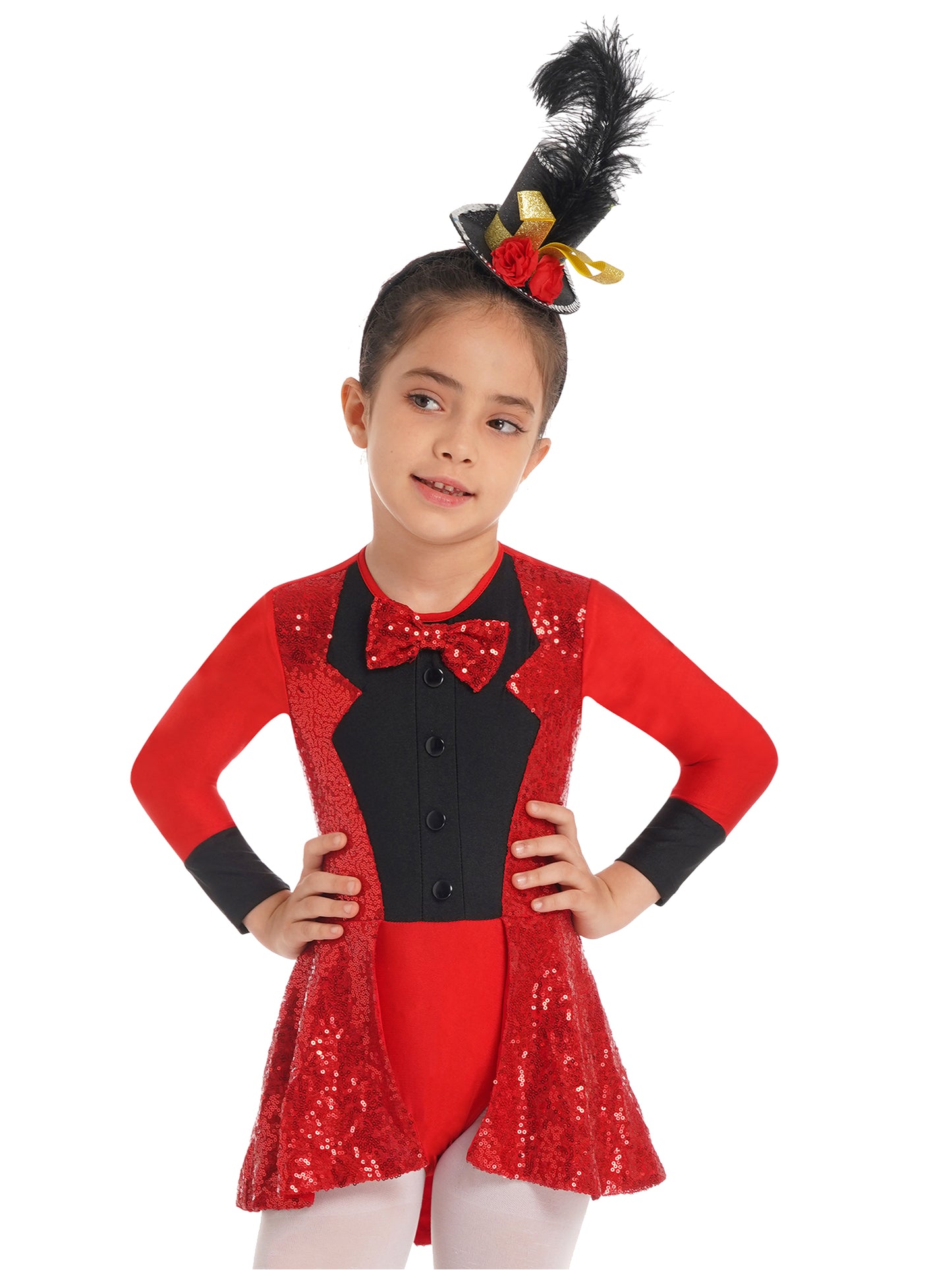 Girls Circus Magician Costume Halloween Party Cosplay Magic Show Dress Up Shiny Sequin Leotard Dress with Hat Magic Wand Gloves