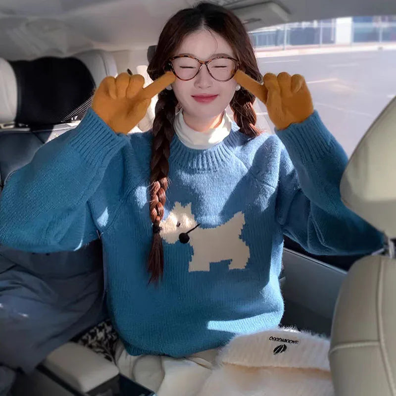 Blue high-end design puppy sweater, loose, thick, comfortable and exquisite women's pullover sweater in autumn and winter