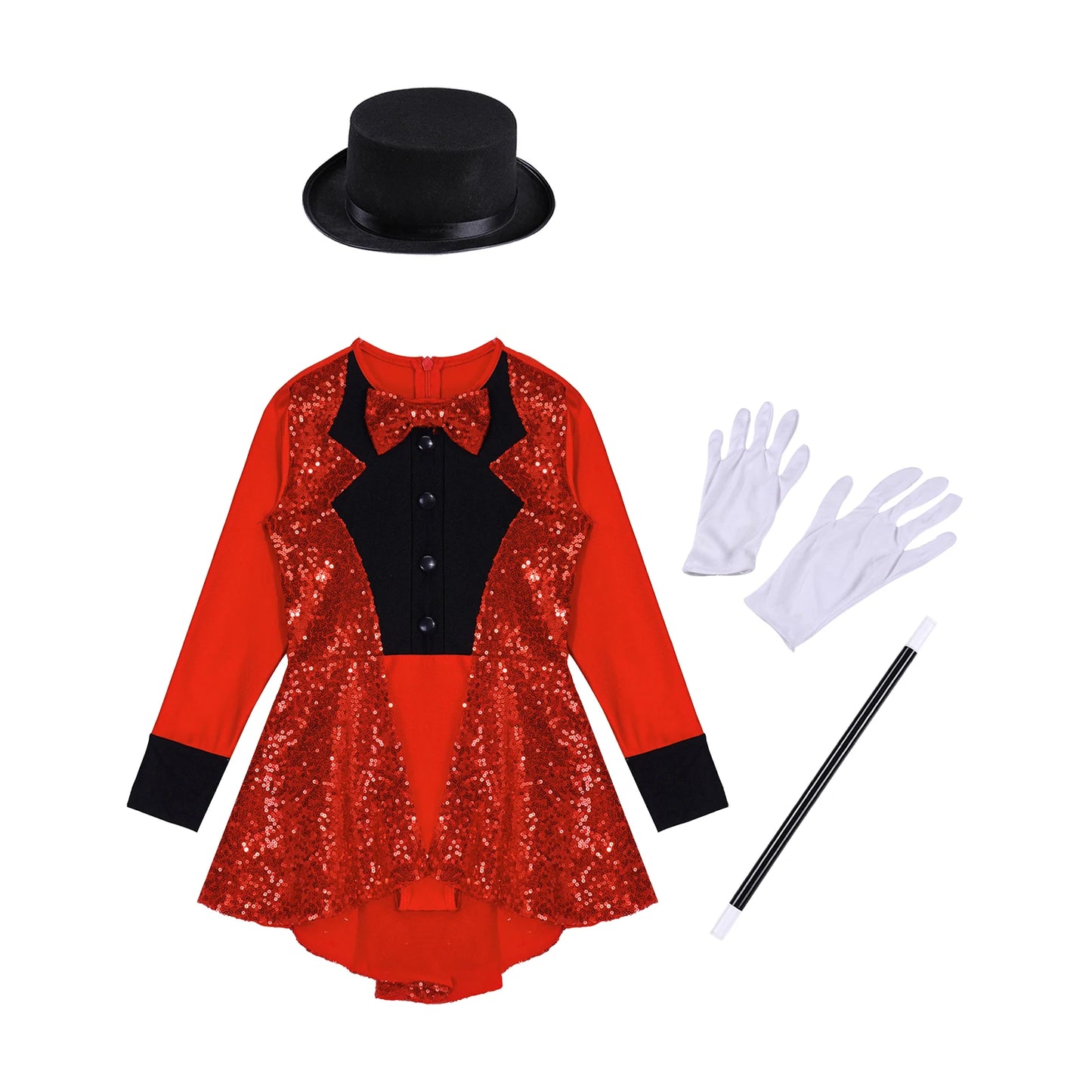 Girls Circus Magician Costume Halloween Party Cosplay Magic Show Dress Up Shiny Sequin Leotard Dress with Hat Magic Wand Gloves