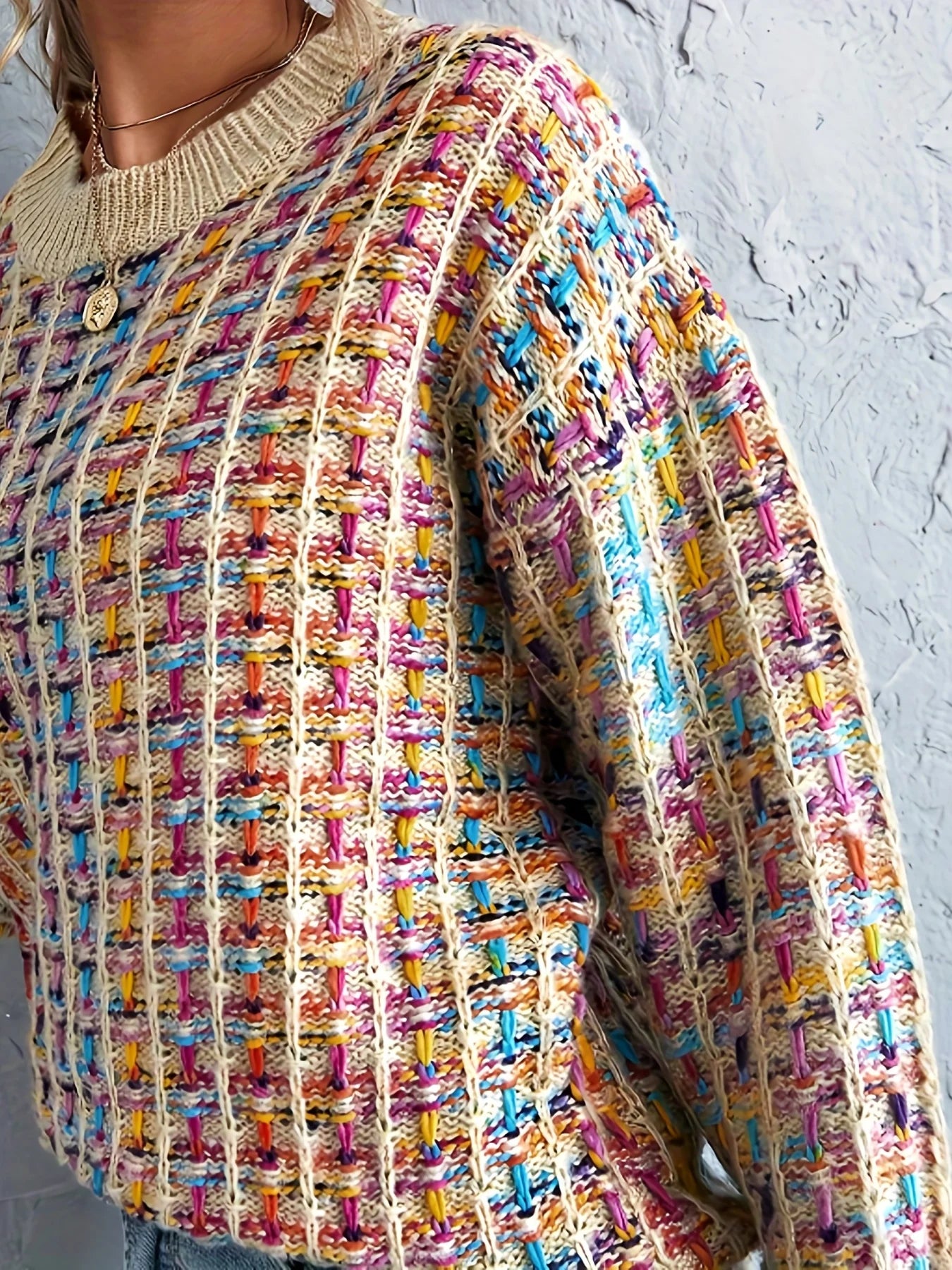 Colorful knitted sweater, casual round neck long sleeve sweater, women's clothing