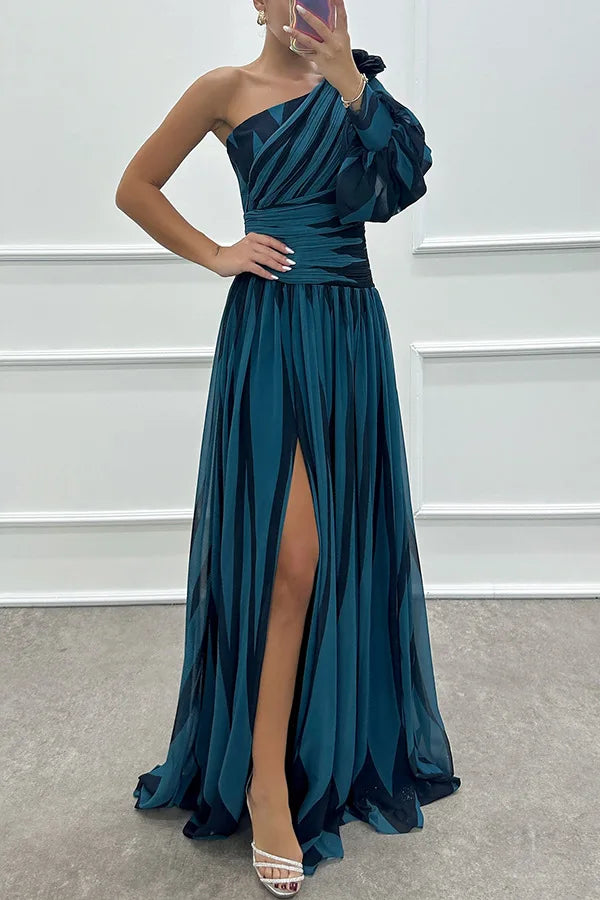 Dress Long Dress Spring and Autumn New Temperament Fashion Printed Slant Shoulder Split Dress INS Casual Loose Party Dress