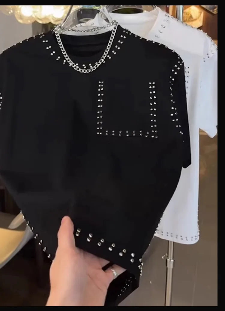 American Trend T-shirt Men's Short-sleeved Summer Fashion Heavy Industry Rivet Round Neck Youth Casual Handsome Versatile Top