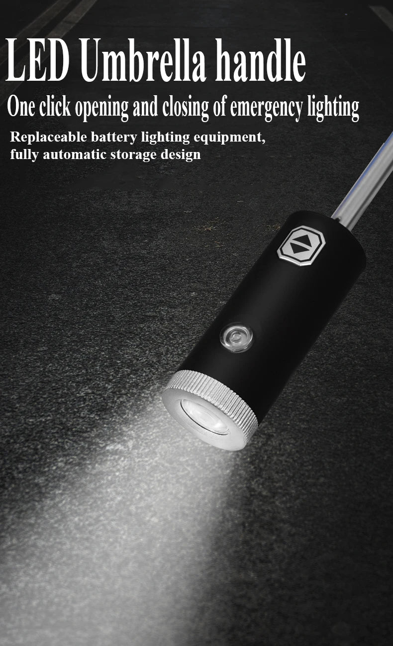 Built In Flashlight Fully Automatic LED Umbrella 10 Rib Windproof UV Sun Rain Protection Waterproof Reflective Canopy for Safety