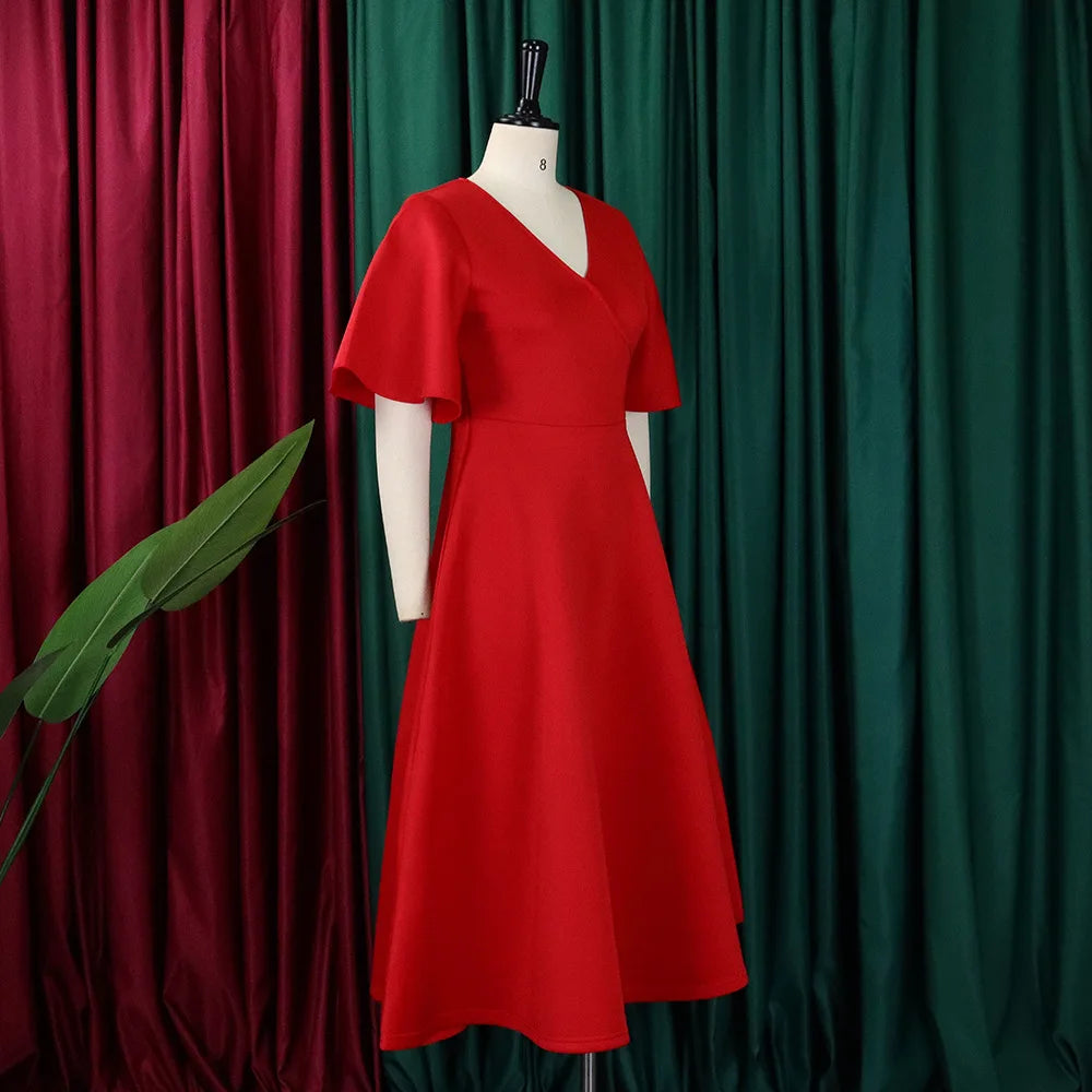 Elegant Party Dresses for Women V Neck Ruffles Sleeve High Waisted Pleated Mid Calf Luxury Birthday Dinner Vestidos Mujer Dress