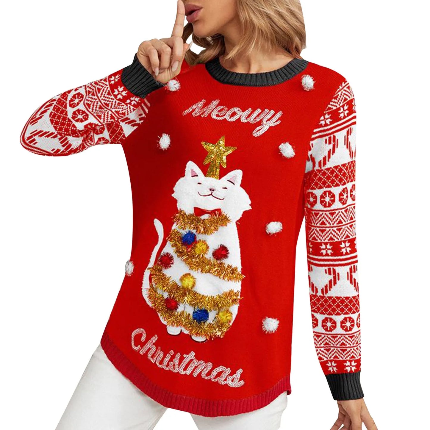 Sweater Women Christmas 2025 Ugly Sweater New Cartoon Cat Print O-Neck Autumn Winter Thick Loose Knitwears Tops Xmas Pullover