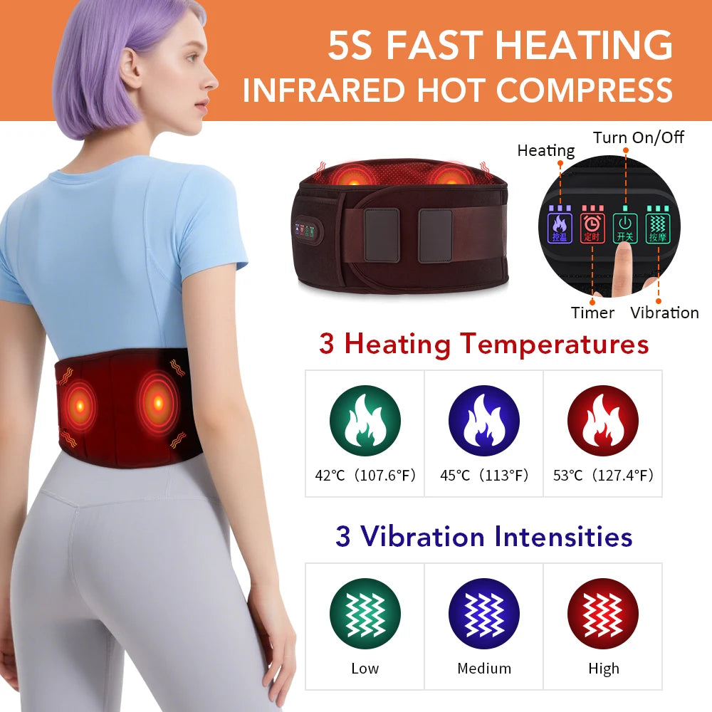 Electric Heating Waist Massager Back Support Belt 3 Levels Red Light Heat Vibration Hot Compress Brace Belt for Back Pain Relief