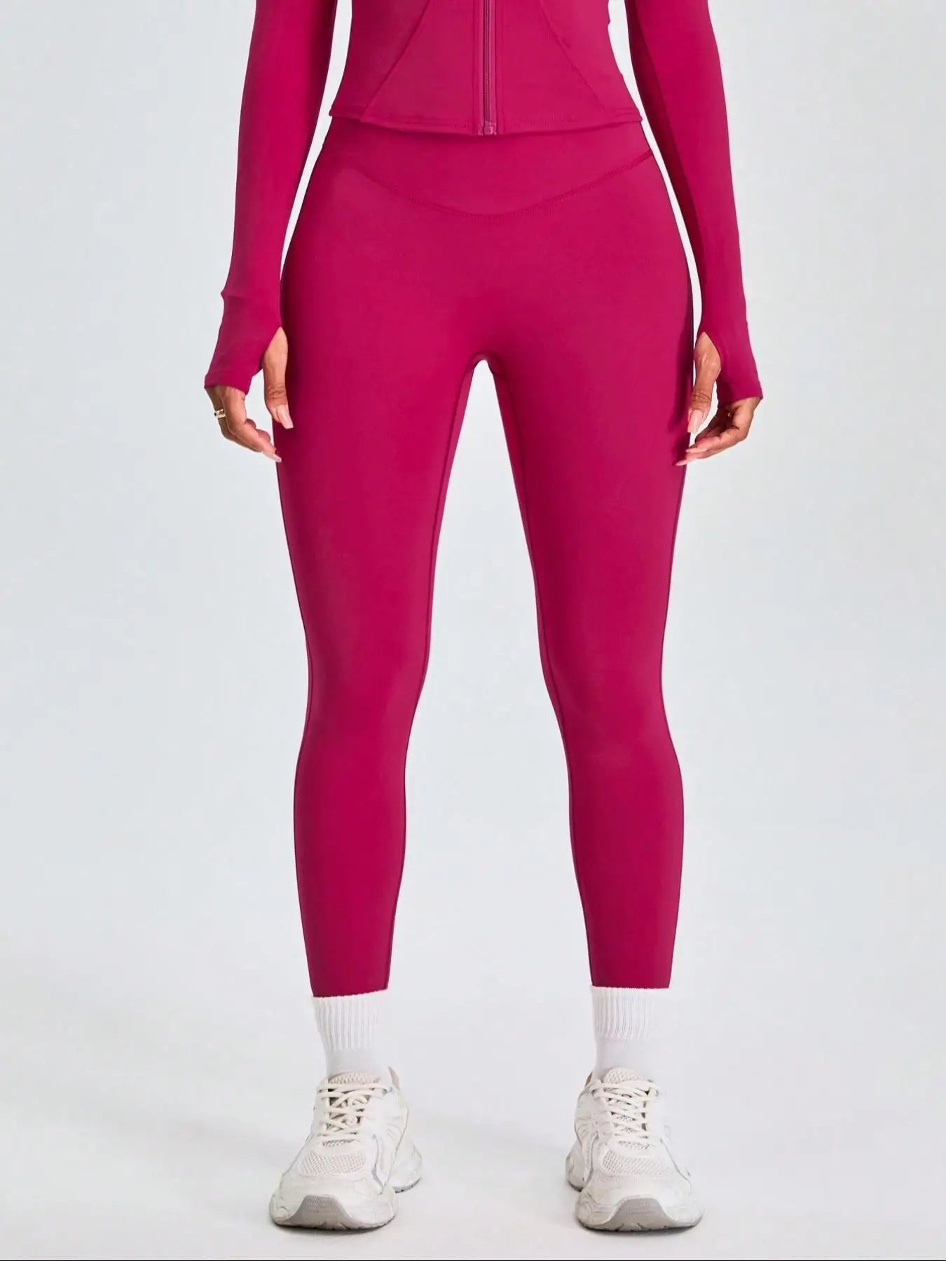 Fitfemme Two-piece Set Women's Solid Zip UpMock Neck Sports Jacket & HighWaist Leggings Set, SportyBreathable Quick Drying