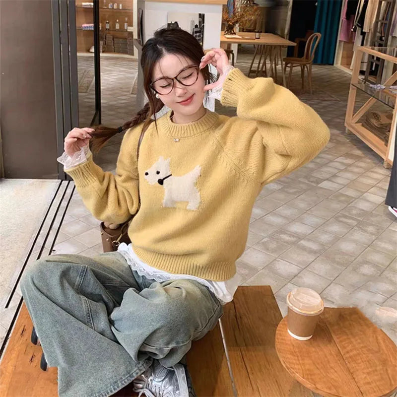 Blue high-end design puppy sweater, loose, thick, comfortable and exquisite women's pullover sweater in autumn and winter