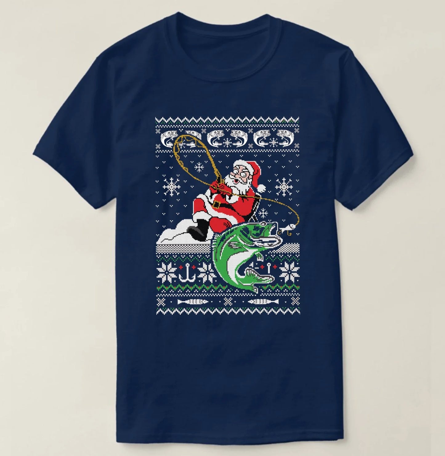 Funny Santa Fishing Ugly Christmas Sweater Fisherman Xmas Gift T-Shirt 100% Cotton O-Neck Short Sleeve Casual Mens T-shirt