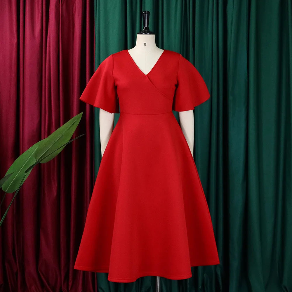 Elegant Party Dresses for Women V Neck Ruffles Sleeve High Waisted Pleated Mid Calf Luxury Birthday Dinner Vestidos Mujer Dress