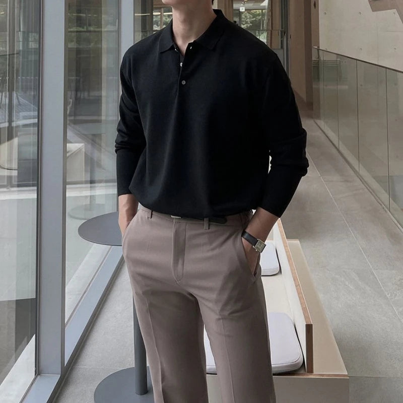 Spring Autumn New Fashion Turn-down Collar Long Sleeve Solid T-Shirts Men's Clothing Button All-match Bottoming Shirt Trend Tops