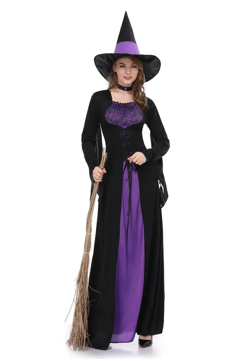 Women Halloween Witch Costume Adult Role Playing Purple Witch Dress Cosplay Performance Dress