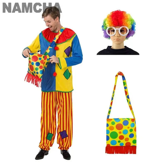 Funny Clown Costumes for Adults Men Women Halloween Stage Performance Cosplay Outfits Patchwork Clown Top Pants Costume Wigs