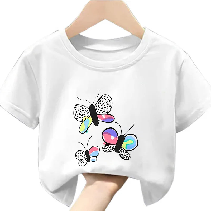 Children's T-shirts in The Summer Casual Trend, Featuring  Cartoon Butterfly Print Bow Print Heart Print, Fashionable Round