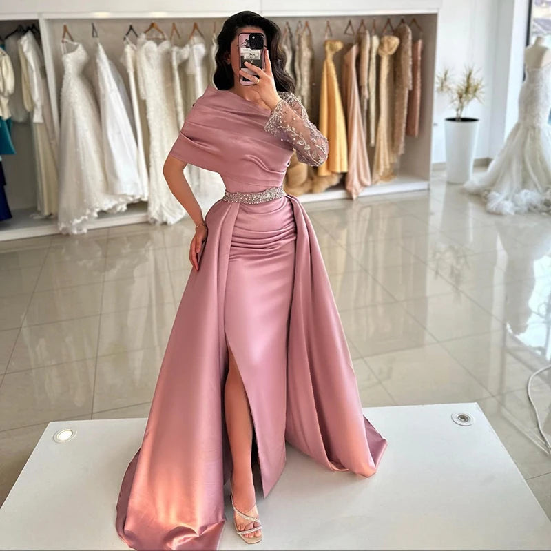 Elegant Dusty Pink Evening Dresses Fashion Detachable Train Side Split O-Neck Lace Long Sleeve Gowns Luxury Prom Dress Vestidos