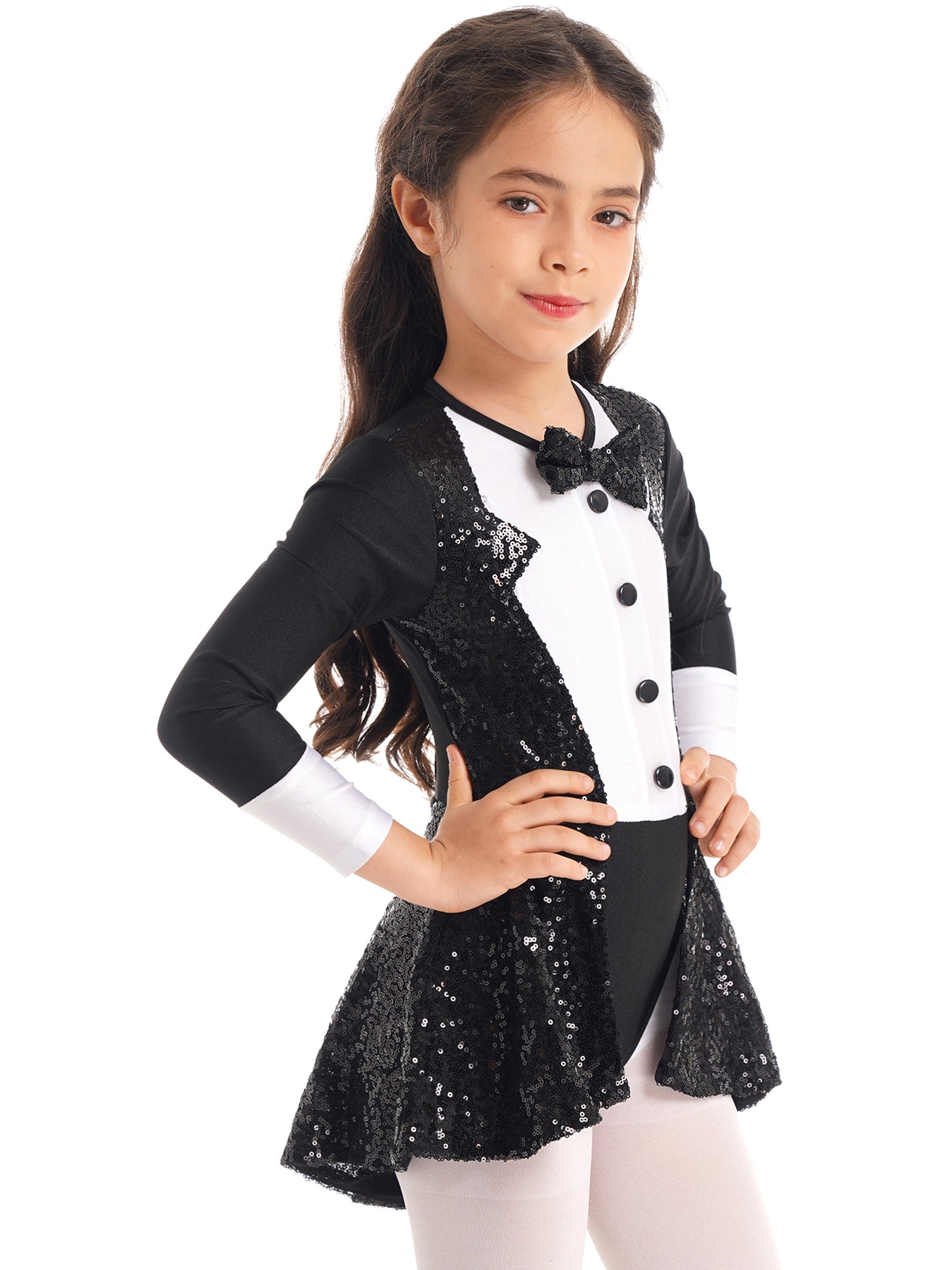 Girls Circus Magician Costume Halloween Party Cosplay Magic Show Dress Up Shiny Sequin Leotard Dress with Hat Magic Wand Gloves