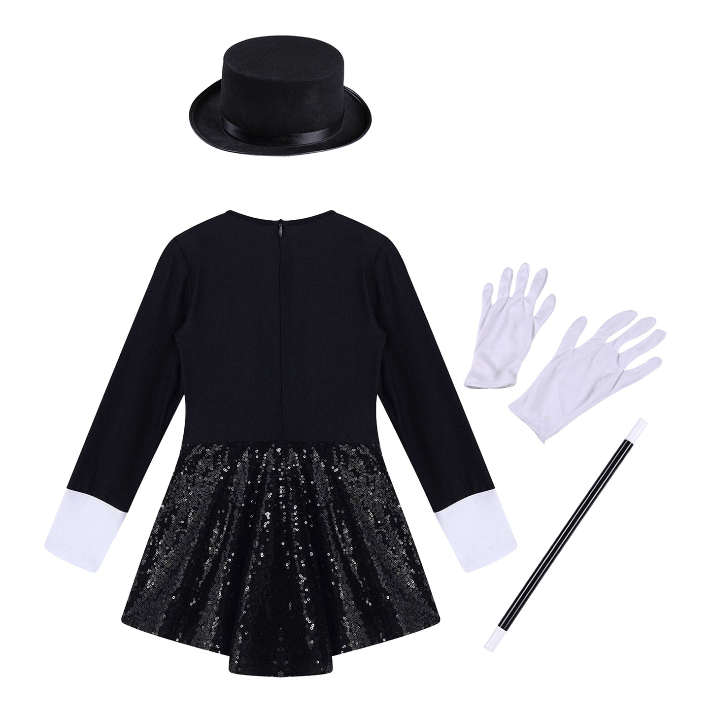Girls Circus Magician Costume Halloween Party Cosplay Magic Show Dress Up Shiny Sequin Leotard Dress with Hat Magic Wand Gloves