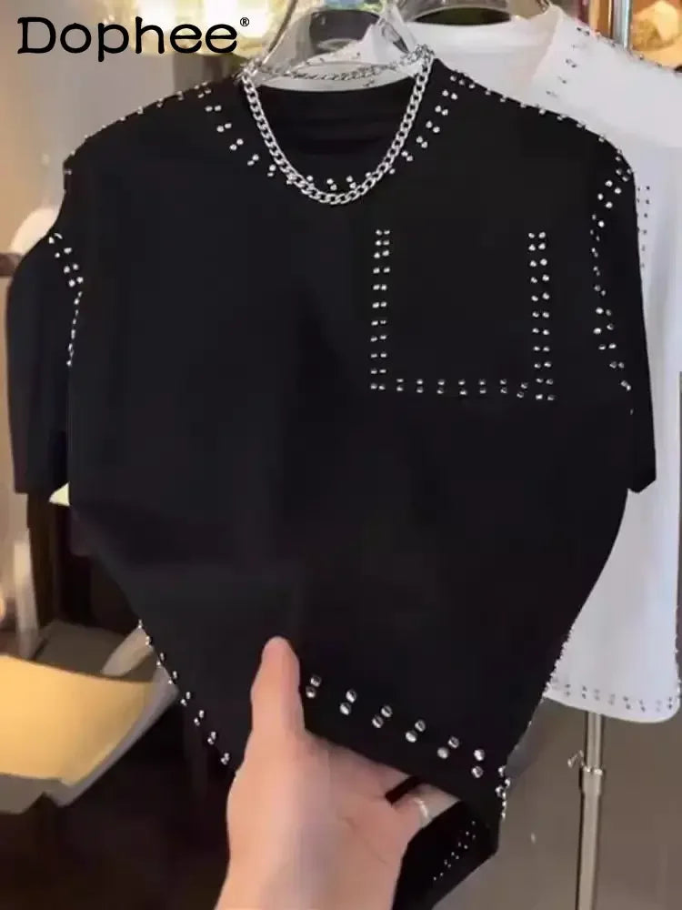 American Trend T-shirt Men's Short-sleeved Summer Fashion Heavy Industry Rivet Round Neck Youth Casual Handsome Versatile Top