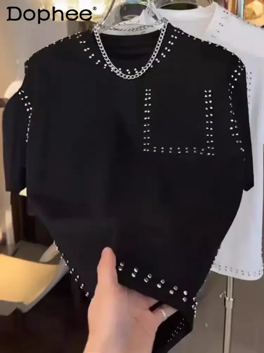 American Trend T-shirt Men's Short-sleeved Summer Fashion Heavy Industry Rivet Round Neck Youth Casual Handsome Versatile Top