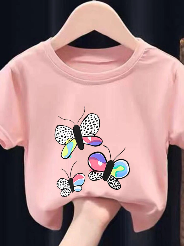 Children's T-shirts in The Summer Casual Trend, Featuring  Cartoon Butterfly Print Bow Print Heart Print, Fashionable Round