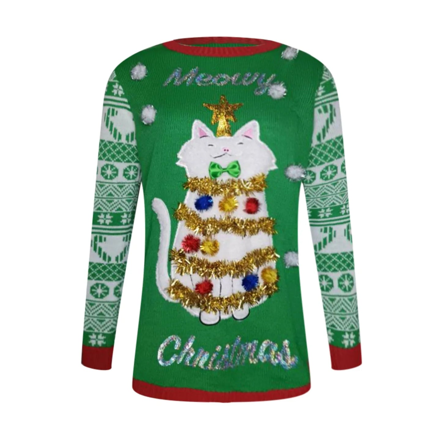 Sweater Women Christmas 2025 Ugly Sweater New Cartoon Cat Print O-Neck Autumn Winter Thick Loose Knitwears Tops Xmas Pullover
