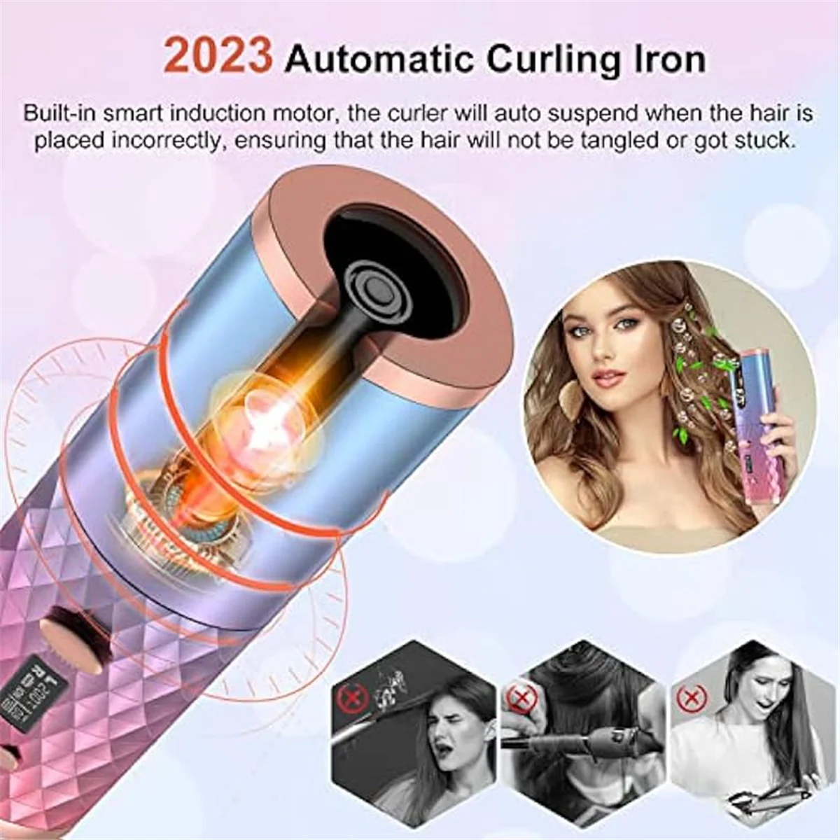 New Automatic Curling Iron, Cordless Auto Hair Curler,Portable Rotating Curling Wave Wand Styling Tool, Auto Shut Off