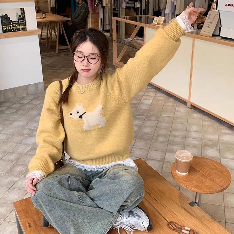 Blue high-end design puppy sweater, loose, thick, comfortable and exquisite women's pullover sweater in autumn and winter