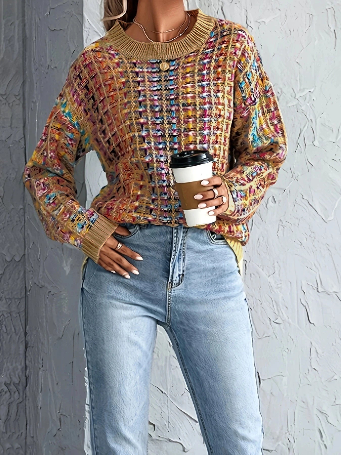 Colorful knitted sweater, casual round neck long sleeve sweater, women's clothing