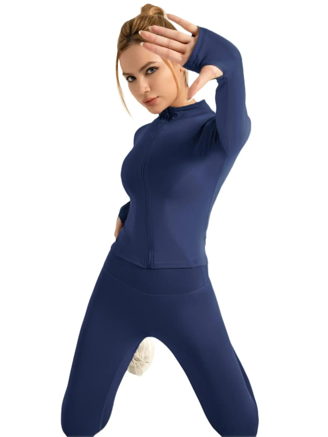 Fitfemme Two-piece Set Women's Solid Zip UpMock Neck Sports Jacket & HighWaist Leggings Set, SportyBreathable Quick Drying