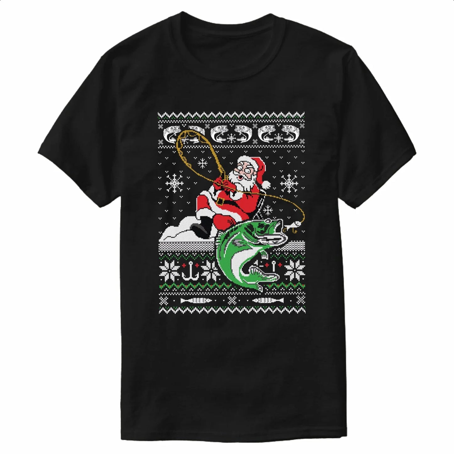 Funny Santa Fishing Ugly Christmas Sweater Fisherman Xmas Gift T-Shirt 100% Cotton O-Neck Short Sleeve Casual Mens T-shirt