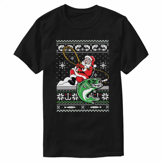 Funny Santa Fishing Ugly Christmas Sweater Fisherman Xmas Gift T-Shirt 100% Cotton O-Neck Short Sleeve Casual Mens T-shirt