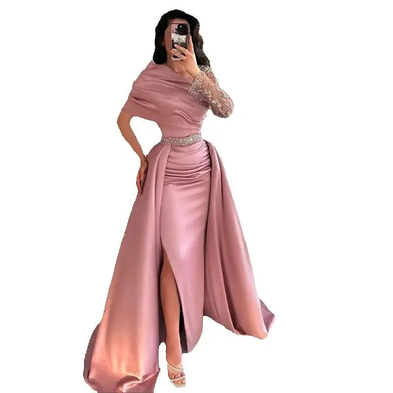 Elegant Dusty Pink Evening Dresses Fashion Detachable Train Side Split O-Neck Lace Long Sleeve Gowns Luxury Prom Dress Vestidos