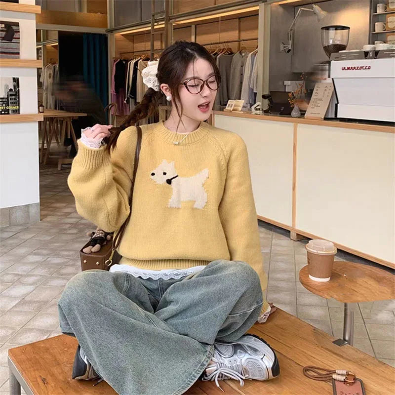 Blue high-end design puppy sweater, loose, thick, comfortable and exquisite women's pullover sweater in autumn and winter