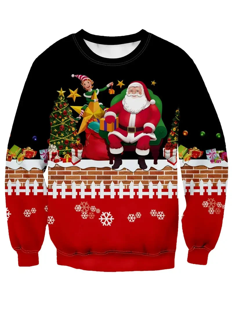Funny Santa Claus Print Fashion Sports Sweaters Men's Casual Round Neck Pullover Hoodie Ugly Cugly Christmas Sweater Women Tops